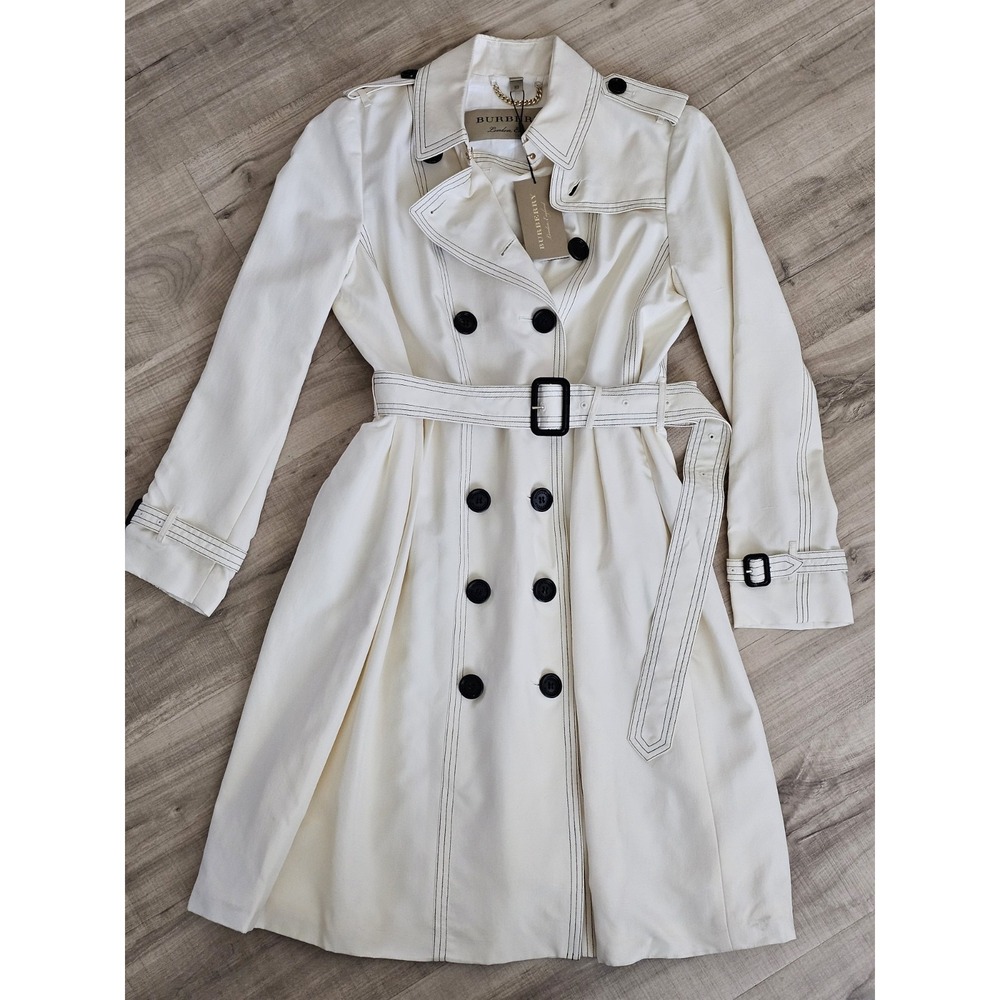 NWT Burberry 100% Silk Cream Trench Coat Double Breasted Belted Long US 10